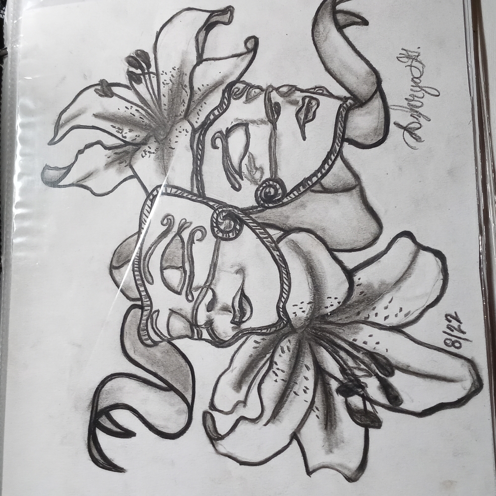 Charcoal Pencil Masks and Flowers Drawing
